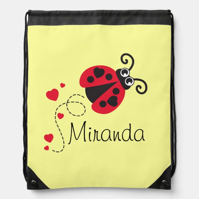 Flying heart ladybug kids name red drawstring bag (Front)