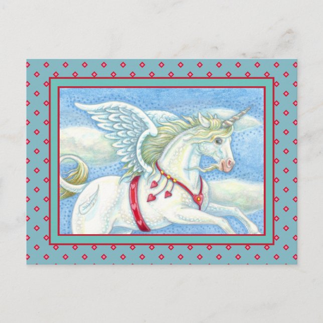 FLYING HEARTS WHITE UNICORN, FANTASY PEGASUS HOLIDAY POSTCARD (Front)