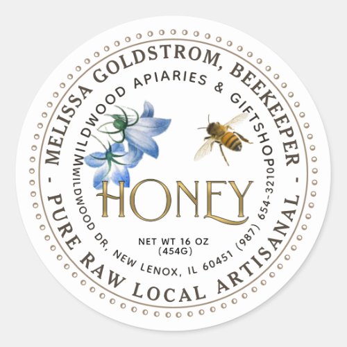 Flying Honeybee Blue Flower Artisanal Honey     Classic Round Sticker