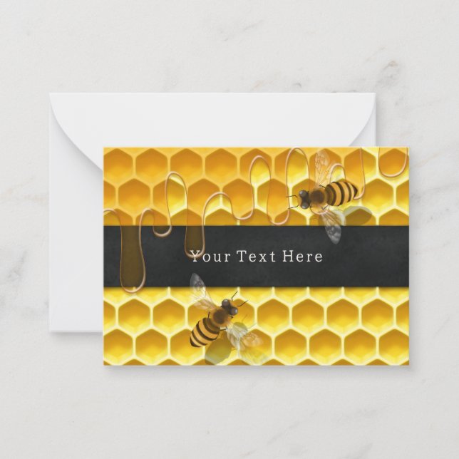 Flying Honeybees over Yellow Honeycomb Custom Note Card (Front)