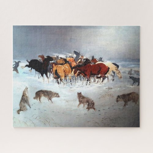 Flying hoofs Wolf Pack Attacking Horses C Russell Jigsaw Puzzle
