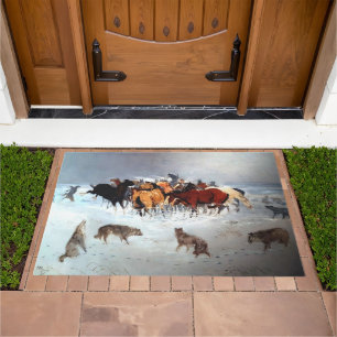 Flying hoofs Wolf Pack Attacking Horses Home Ranch Doormat