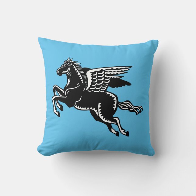 Flying Horse - Black and White on Sky Blue Throw Pillow (Front)