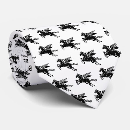 Flying Horse - Black And White On White Neck Tie