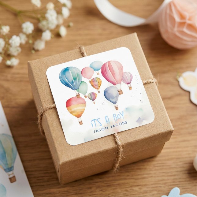 Flying hot air ballons its a boy paper fun square sticker (Flying hot air ballons its a boy paper fun square sticker.)