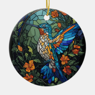 Flying Humming Bird Colorful Stained Glass Ceramic Ornament