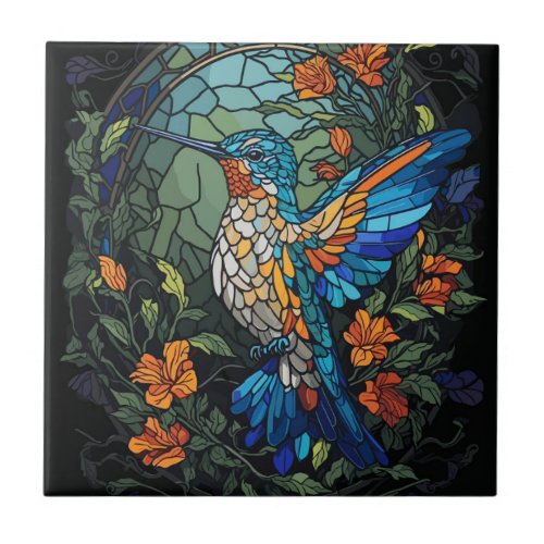 Flying Humming Bird Colorful Stained Glass Ceramic Tile