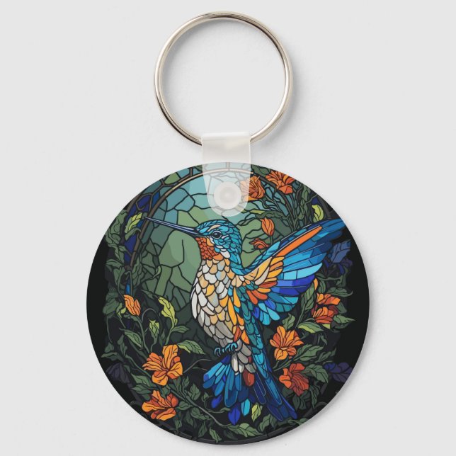 Flying Humming Bird Colorful Stained Glass Keychain (Front)
