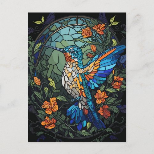 Flying Humming Bird Colorful Stained Glass Postcard