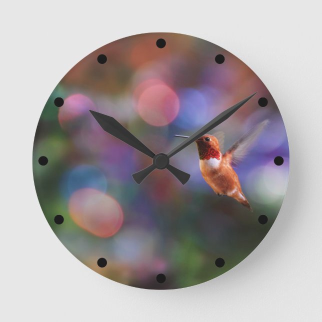 Flying Hummingbird and Colorful Background Round Clock (Front)