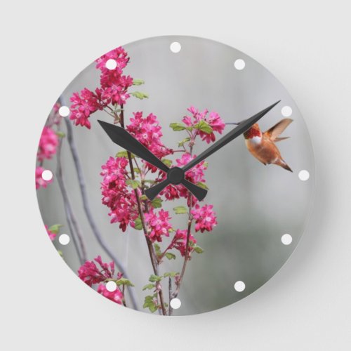 Flying Hummingbird and Flowers Round Clock