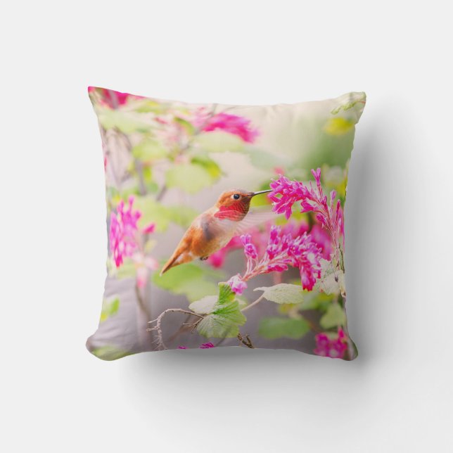 Flying Hummingbird and Red Currant Flowers Throw Pillow (Front)