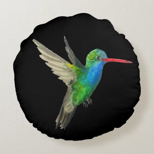 Flying Hummingbird Watercolor Art on black Round Pillow
