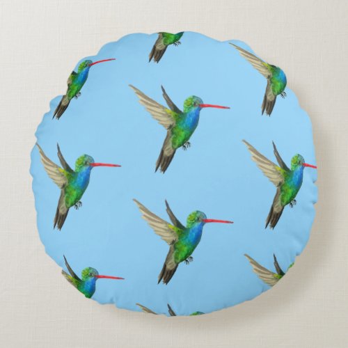 Flying Hummingbird Watercolor Art on blue Round Pillow
