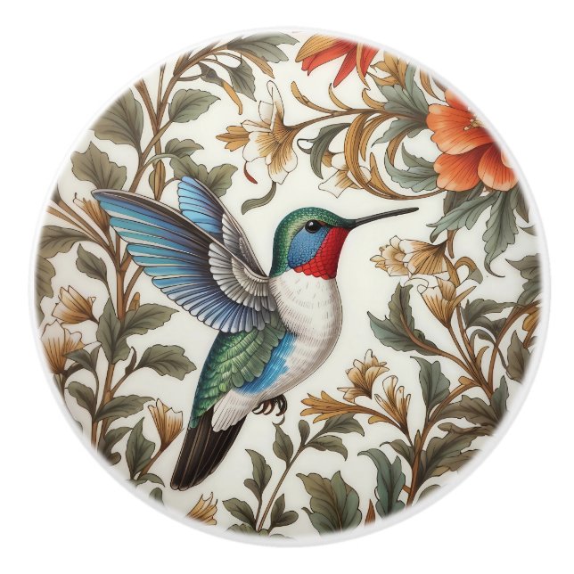 Flying Hummingbird William Morris Inspired Ceramic Knob (Front)