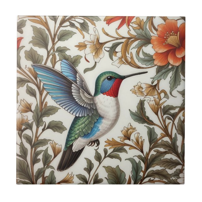 Flying Hummingbird William Morris Inspired Ceramic Tile (Front)