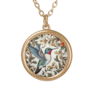 Flying Hummingbird William Morris Inspired Gold Plated Necklace