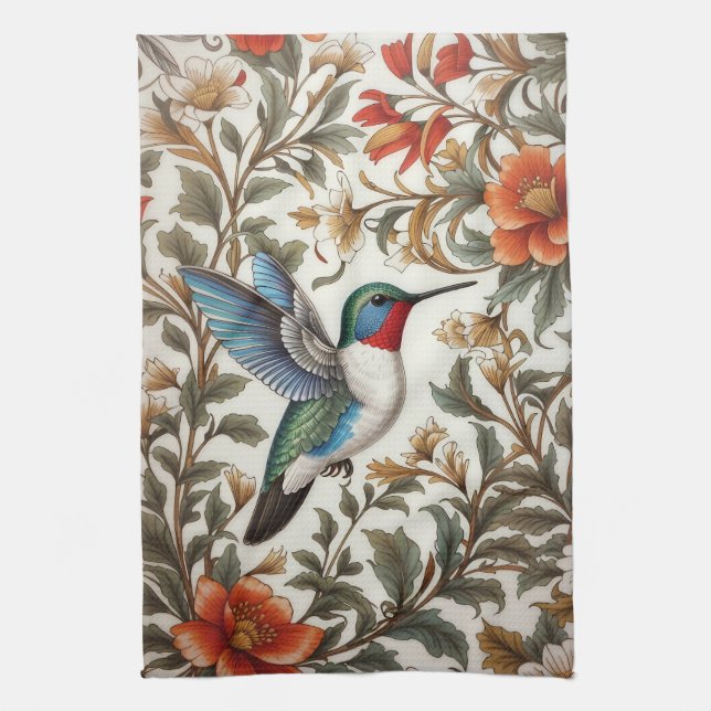 Flying Hummingbird William Morris Inspired Kitchen Towel (Vertical)
