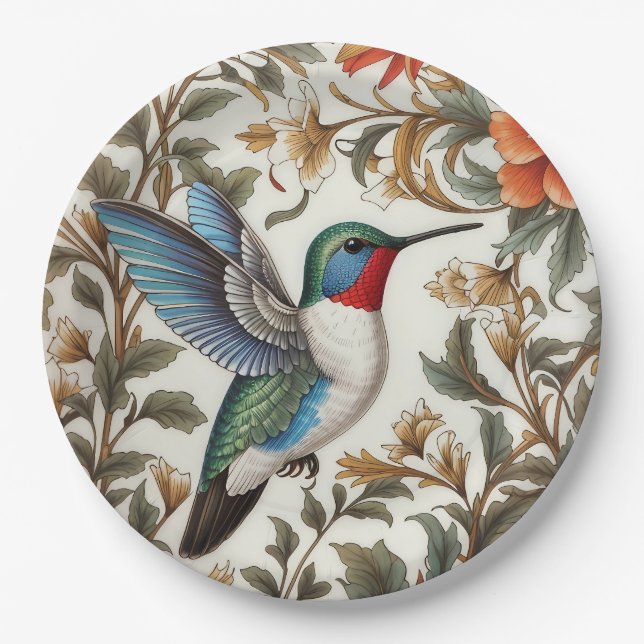 Flying Hummingbird William Morris Inspired Paper Plates (Front)