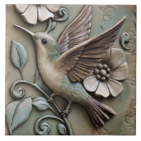 Flying Hummingbird with Flowers Faux Relief 