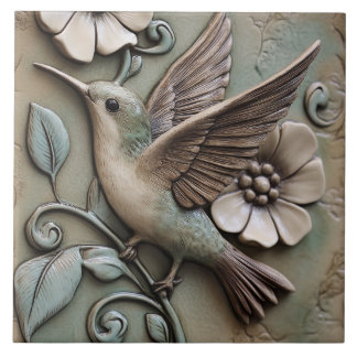Flying Hummingbird with Flowers Faux Relief  Ceramic Tile
