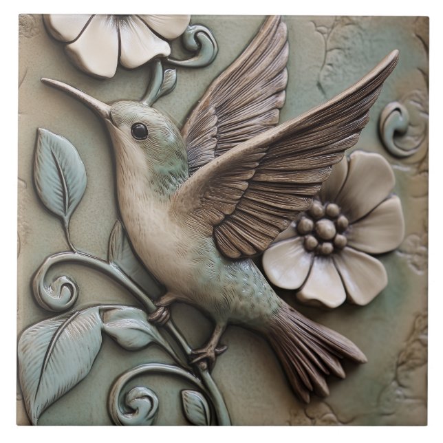 Flying Hummingbird with Flowers Faux Relief  Ceramic Tile (Front)