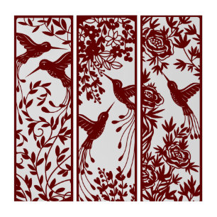 Flying Hummingbirds Floral Garden Maroon Triptych