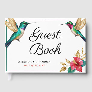 Flying Hummingbirds Red Tropical Flower Wedding Foil Guest Book