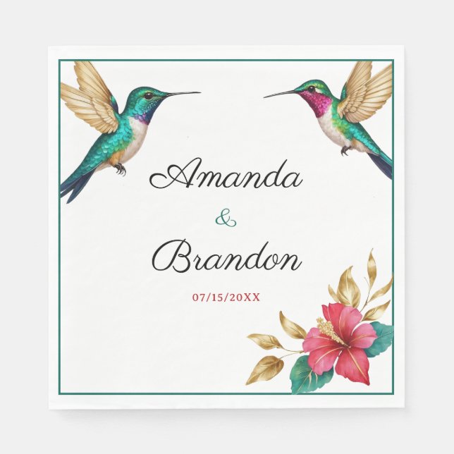 Flying Hummingbirds Red Tropical Flower Wedding Napkins (Front)