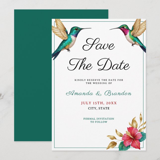 Flying Hummingbirds Red Tropical Flower Wedding Save The Date (Front/Back)