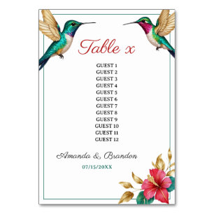 Flying Hummingbirds Red Tropical Flower Wedding Table Number