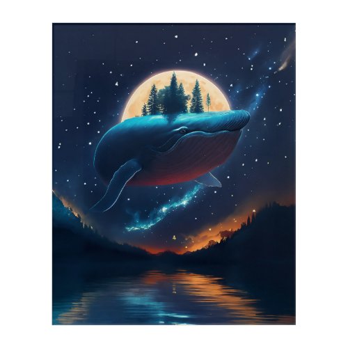 Flying Humpback Whale Moonlight Sea Starry Forests Acrylic Print