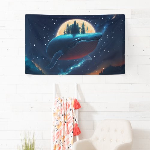 Flying Humpback Whale Moonlight Sea Starry Forests Banner