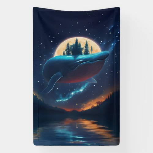 Flying Humpback Whale Moonlight Sea Starry Forests Banner