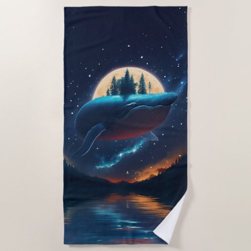 Flying Humpback Whale Moonlight Sea Starry Forests Beach Towel