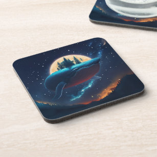 Flying Humpback Whale Moonlight Sea Starry Forests Beverage Coaster
