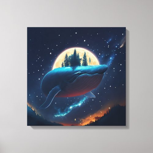 Flying Humpback Whale Moonlight Sea Starry Forests Canvas Print