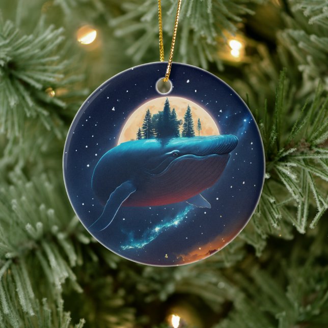 Flying Humpback Whale Moonlight Sea Starry Forests Ceramic Ornament (Tree)