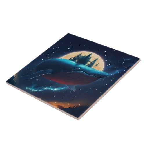 Flying Humpback Whale Moonlight Sea Starry Forests Ceramic Tile