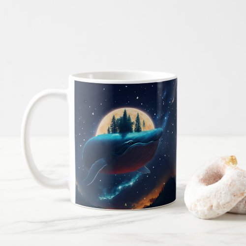 Flying Humpback Whale Moonlight Sea Starry Forests Coffee Mug