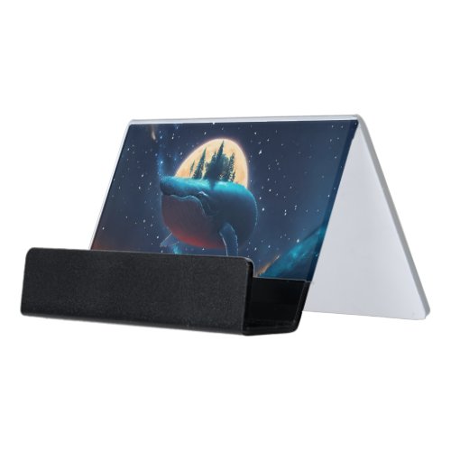 Flying Humpback Whale Moonlight Sea Starry Forests Desk Business Card Holder