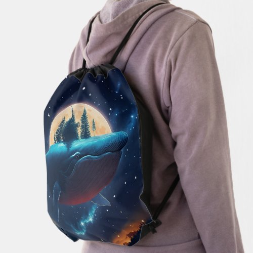 Flying Humpback Whale Moonlight Sea Starry Forests Drawstring Bag