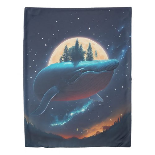 Flying Humpback Whale Moonlight Sea Starry Forests Duvet Cover