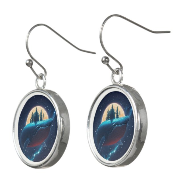Flying Humpback Whale Moonlight Sea Starry Forests Earrings (Angled)