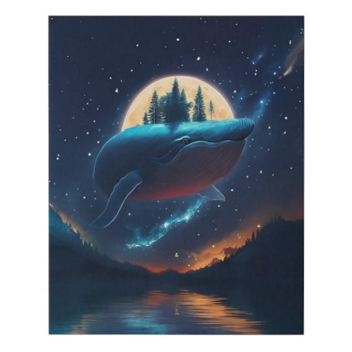 Flying Humpback Whale Moonlight Sea Starry Forests Faux Canvas Print