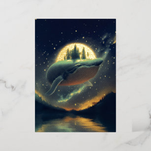 Flying Humpback Whale Moonlight Sea Starry Forests Foil Invitation
