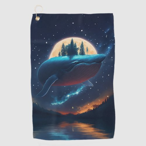 Flying Humpback Whale Moonlight Sea Starry Forests Golf Towel
