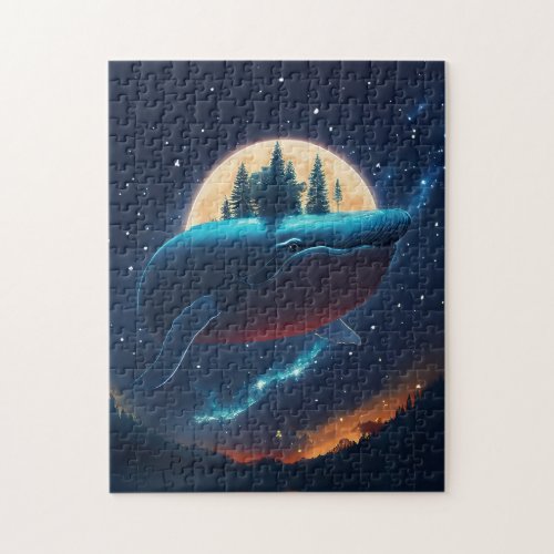 Flying Humpback Whale Moonlight Sea Starry Forests Jigsaw Puzzle