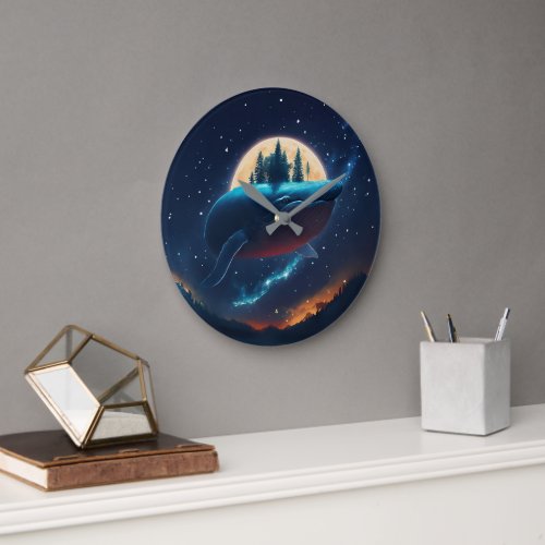 Flying Humpback Whale Moonlight Sea Starry Forests Large Clock