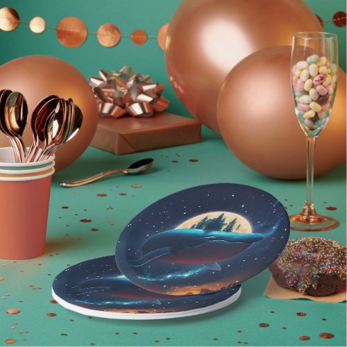 Flying Humpback Whale Moonlight Sea Starry Forests Paper Plates